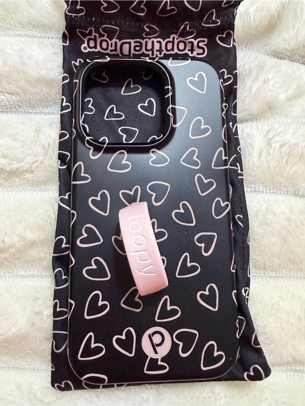 Loopy Case Black Phone Case with Pink Heart Pattern and Pink Grip